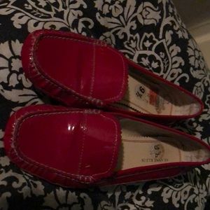 Red patent leather loafers